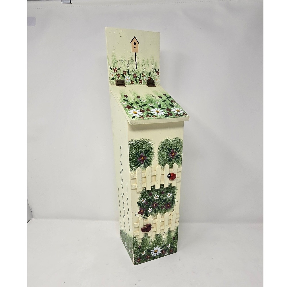 Vtg hand painted wooden grocery bag holder picket fence floral‎ cottagecore